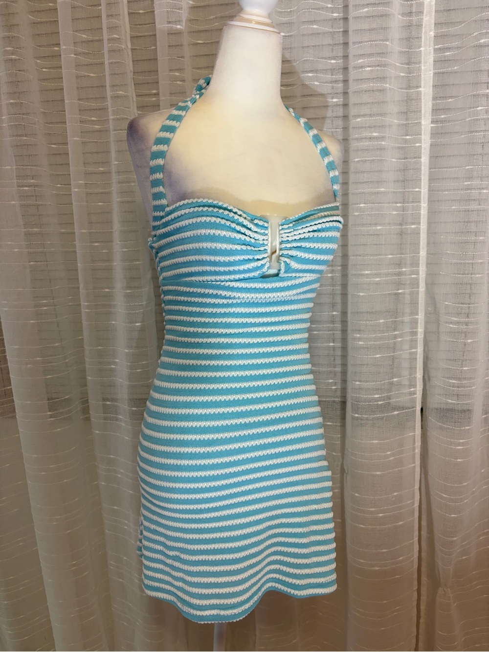 Princess Polly Halter Mini Dress in Light Blue and White Stripes